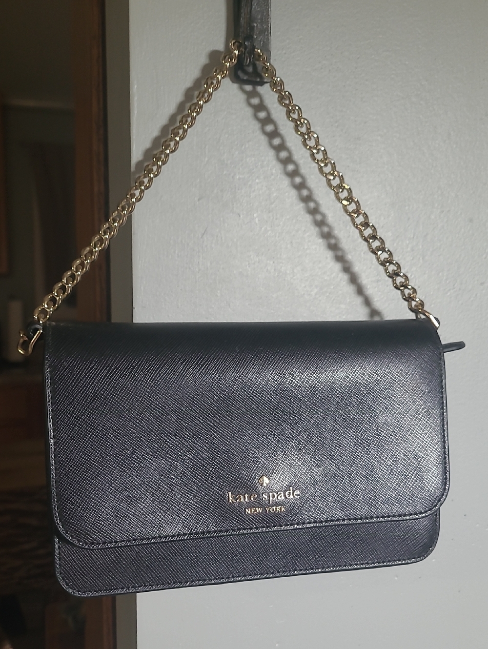 kate spade Black Saffiano Leather Crossbody with Gold Chain